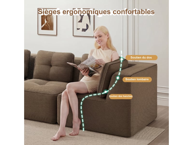  Canapé modulable 4 places en velours côtelé marron 386x177x69 cm avec ottoman, assise profonde, sans montage pour salon W3325S00278 - Conforama W