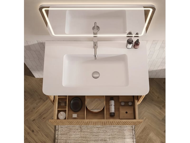  Meuble de salle de bain suspendu 81 x 46,5 cm – chêne – vasque intégrée et miroir led réglable  - Conforama D