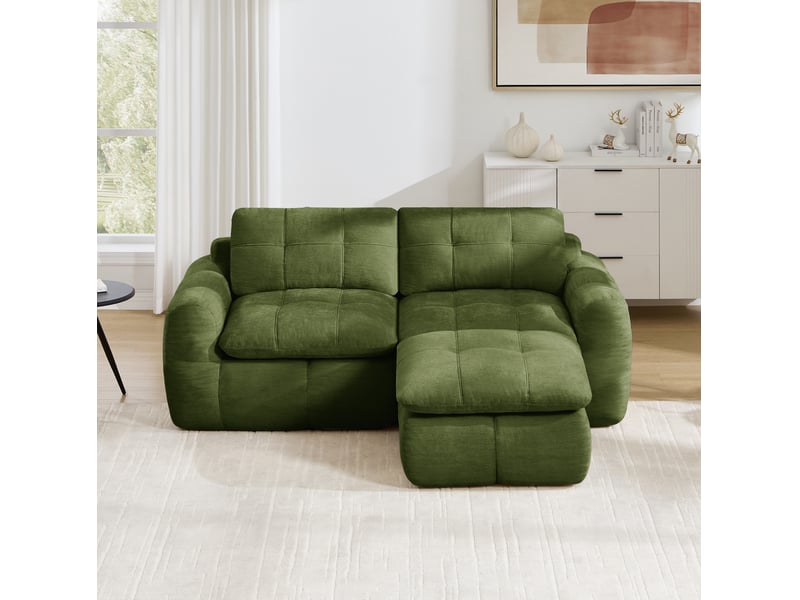  Canapé d’angle modulable 2 places 194x160x68 cm avec pouf en chenille vert  - Conforama E
