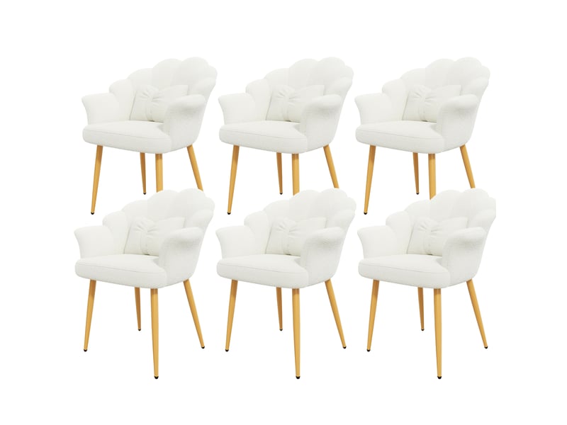  Lot de 6 fauteuils de salle à manger 64x65,5x85 cm en tissu teddy blanc, pieds dorés  - Conforama E
