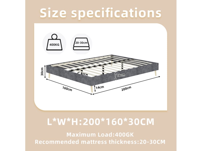  Cadre de lit 160x200 cm en velours hollandais gris avec sommier à lattes  - Conforama C
