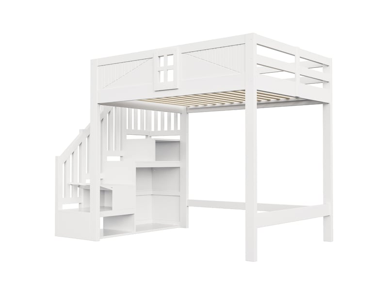 Lit mezzanine 140×200 cm en bois massif avec échelle rangement, blanc - Conforama E