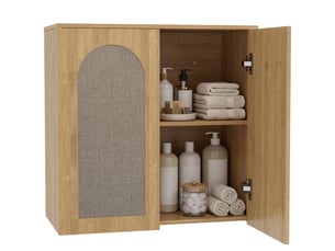 Armoire murale de salle de bain bohème avec 2 portes effet rotin à fermeture douce et étagère réglable, chêne