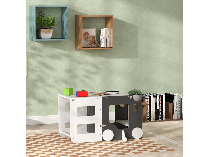  Tabouret enfant learning tower avec tableau noir convertible en table et chaise, motif voiture blanche et grise  - Conforama C