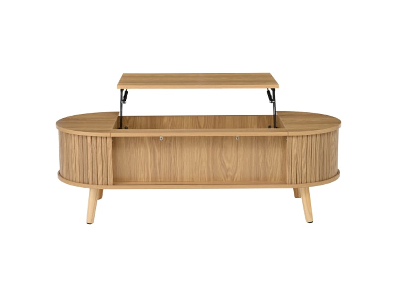  Table basse relevable 120x50 cm – rangement caché, 5 étagères, bois naturel, couleur bois d'origine, hauteur 53,5 cm  - Conforama E