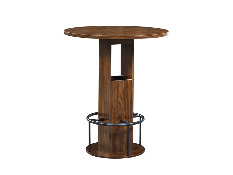  Ensemble table haute ronde avec deux tabourets, diamètre 80 cm, rangements intégrés, panneaux de particules et acier, effet noyer  - Conforama D