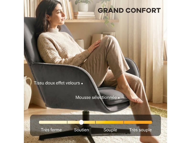  Fauteuil pivotant en velours et métal gris foncé 83,5x73x85 cm  - Conforama E