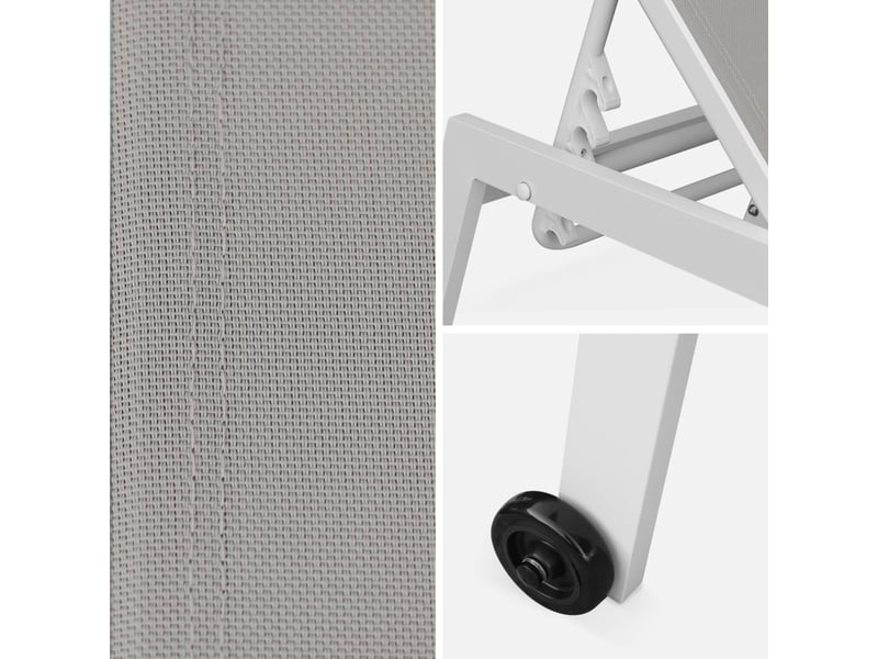 Lot de 2 bains de soleil elsa en aluminium blanc et textilène taupe. Transats multi positions avec roulettes  - Conforama D