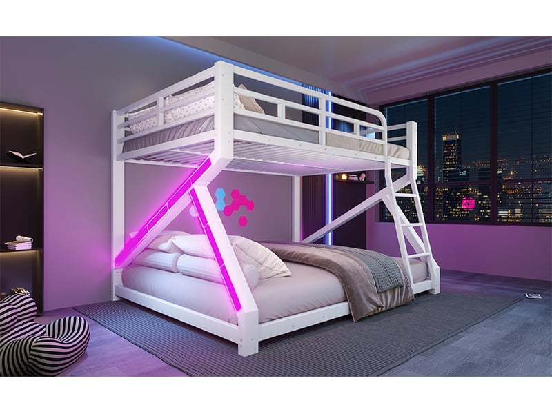  Lits superposés 140 × 200 et 160 × 200 cm, structure en métal, éclairage led, barrières et échelle, sans matelas, blanc  - Conforama B