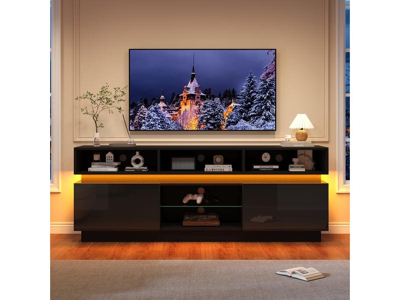  Meuble tv bas modenvie avec led 160 x 35 x 60 cm mdf et verre noir  - Conforama D