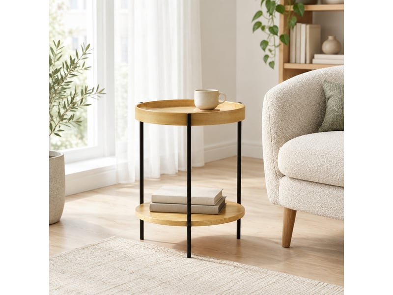  Table basse ronde à 2 plateaux de rangement - lpospi - piètement en métal noir, bois naturel, ø69×38 cm  - Conforama C