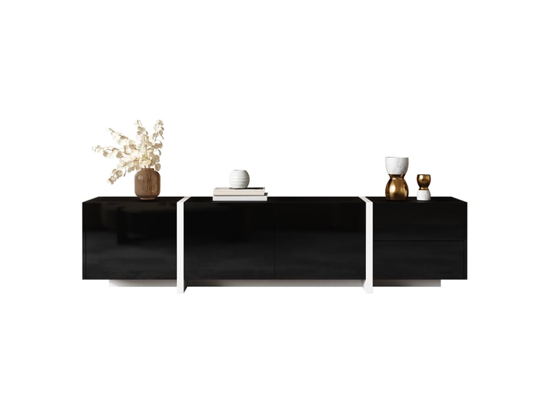  Meuble tv 170 cm noir brillant — rangements fermés, éclairage led intégré, design moderne  - Conforama A