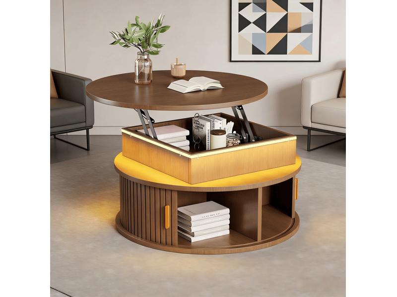  Table basse relevable ronde avec 2 portes à rideau, 5 rangements et led pour salon, en mdf noyer, 75 × 75 × 52 cm  - Conforama D