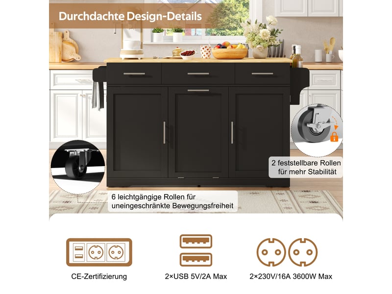  Îlot de cuisine mobile, plan de travail rabattable, noir et bois, 136cm (sans matelas).  - Conforama E