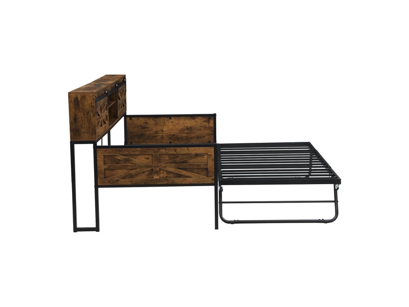 Lit gigogne 90x200 cm avec multiples compartiments de rangement - canapé-lit en fer - noir + marron - sans matelas  - Conforama E