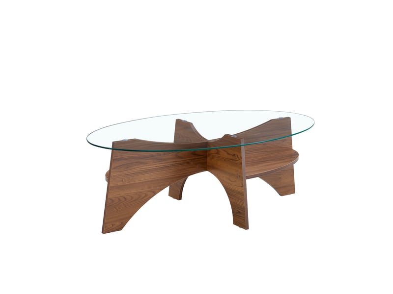  Table basse ovale avec étagère de rangement, plateau en verre de sécurité et supports effet noyer pour salon  - Conforama A