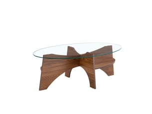 Table basse ovale avec étagère de rangement, plateau en verre de sécurité et supports effet noyer pour salon