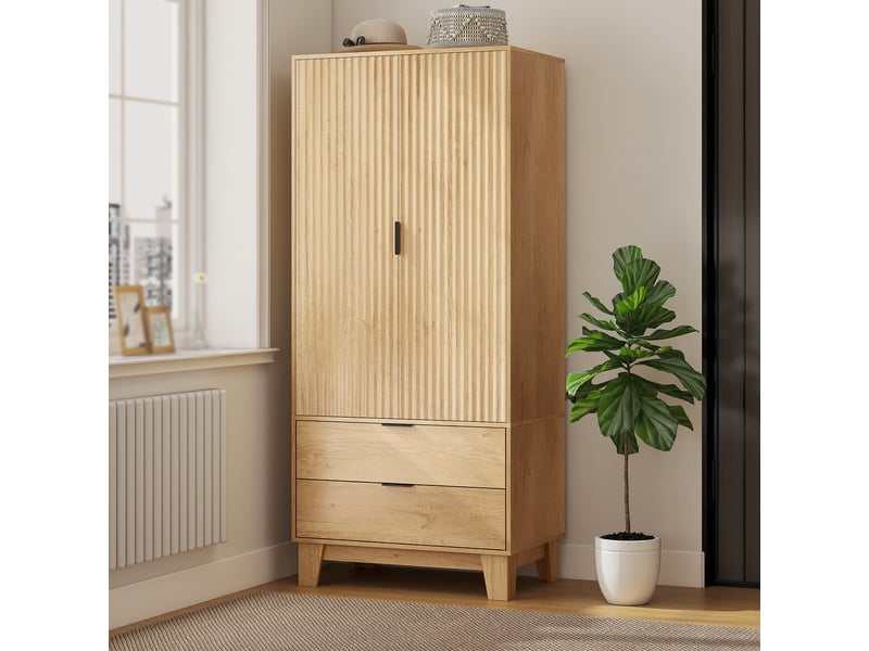  Armoire chambre penderie avec 2 portes à fermeture douce, 80x50x180cm, 2 tiroirs et barre de suspension, bois naturel  - Conforama D