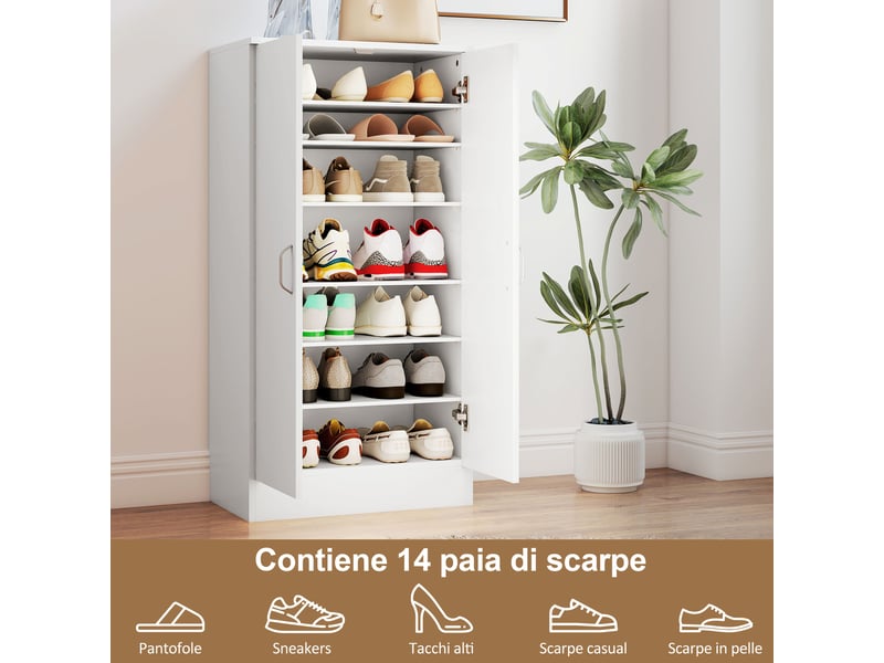  Meuble à chaussures en bois blanc avec 6 étagères réglables, 55 x 35 x 108 cm  - Conforama E