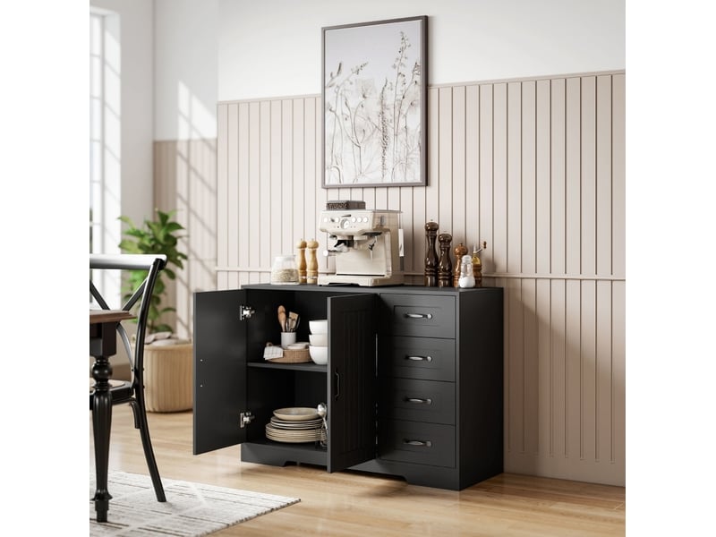  Buffet moderne noir 4 tiroirs et 1 espace de rangement 105 x 40 x 76 cm  - Conforama D