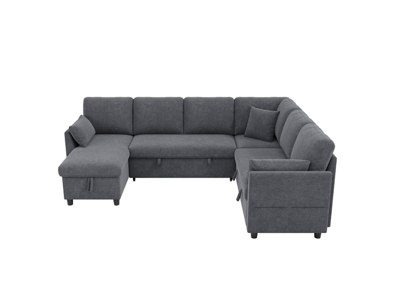 Canapé d’angle convertible 6 places 255x196x85 cm gris avec rangement - Conforama E