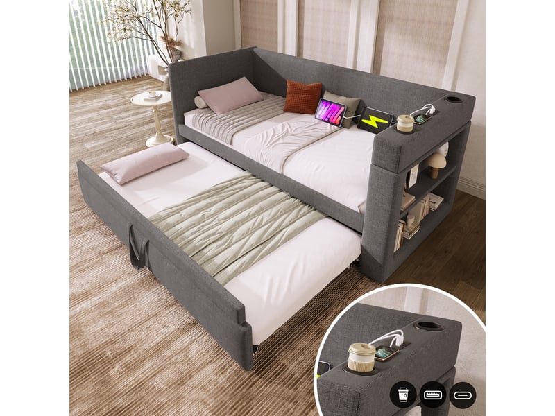  Banquette lit en tissu lin et coton, gigogne, usb et usb-c, gris, 90x190 cm  - Conforama E