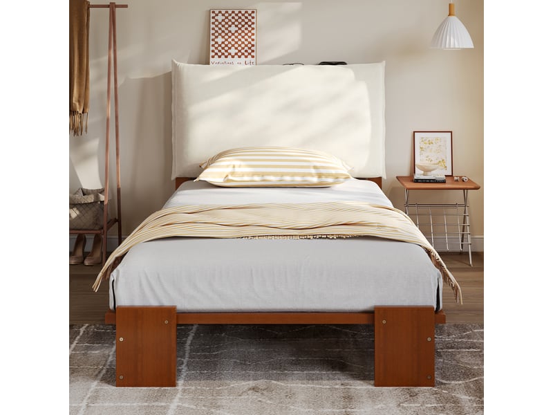  Lit simple 90x200 cm avec tête de lit en pin, cadre de lit adulte avec sommier lattes, lit 2 personnes, brun foncé, lit enfant  - Conforama C