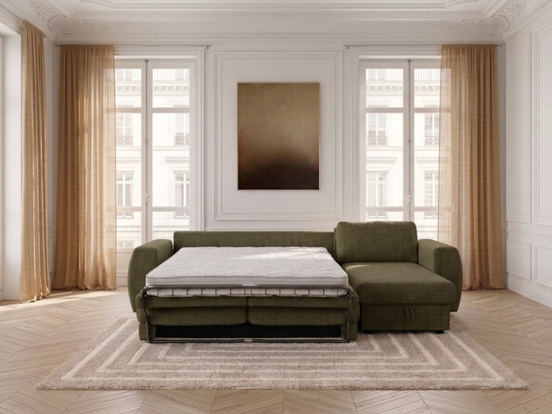  Bobochic canapé d'angle réversible convertible coffre hugo ouverture express tissu texturé vert 140x190 réversible HUGO - Conforama D