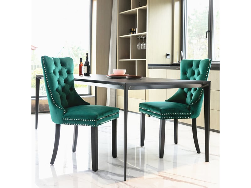  Lot de 2 chaises de salle à manger en velours vert - luxe, clous décoratifs, structure bois massif  - Conforama B