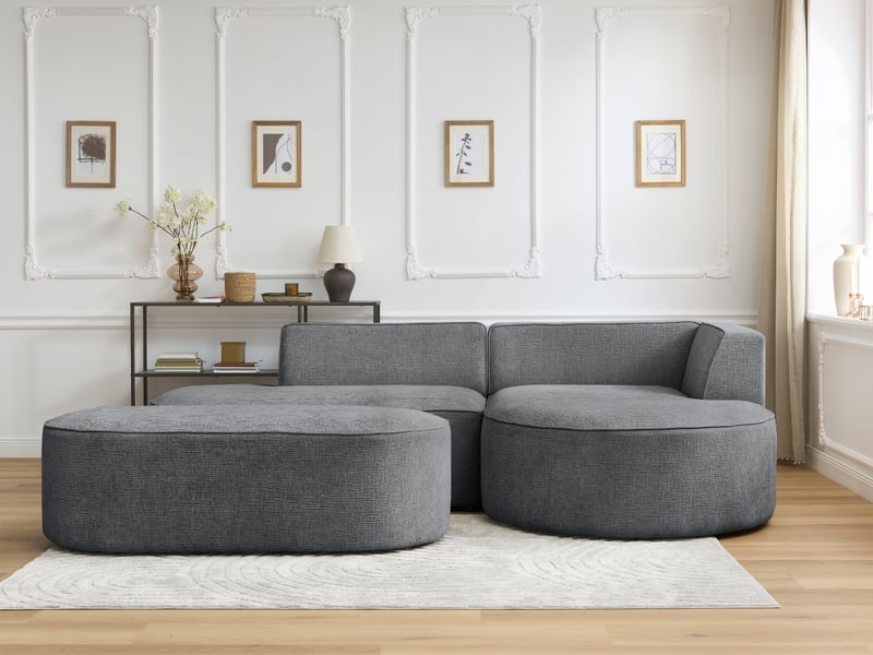 Bobochic canapé d'angle fixe rousseau tissu texturé avec pouf gris foncé angle droit ROUSSEAU - Conforama D