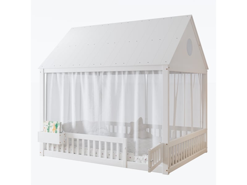 Lit cabane enfant 140×200 cm avec rideaux et niche de rangement  - sans matelas, bois - blanc  - Conforama A