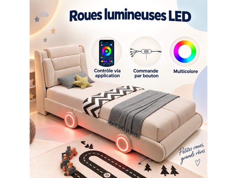  Lit simple 90x200 cm - lit rembourré avec sommier à lattes - flanelle - sans matelas - beige crème  - Conforama D