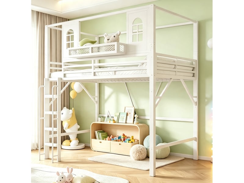  Lit mezzanine enfant 90x200 cm avec toit et échelle, métal  - Conforama C