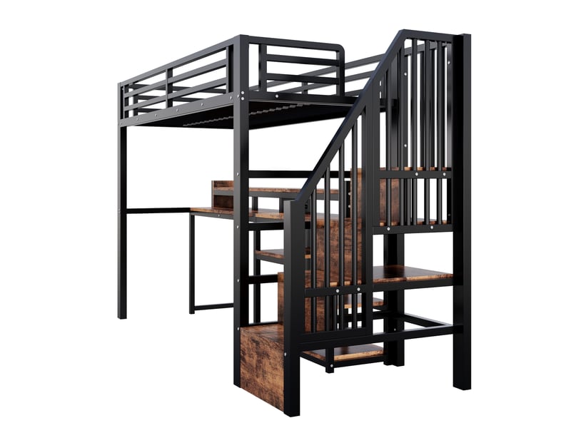  Lit mezzanine 90x200 cm noir en métal et mdf avec bureau, rangements, led, usb et usb-c, sans matelas  - Conforama D