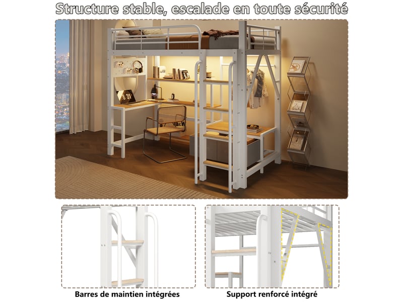  Lit mezzanine 90 x 200 cm avec rangements intégrés, bureau intégré, éclairage led, en mdf et métal – blanc, matelas non inclus  - Conforama E