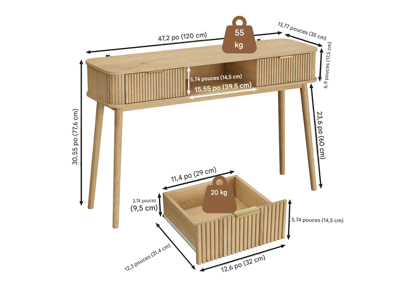  Table console 2 tiroirs et 1 étagère ouverte effet chêne 120 x 35 x 77.6 cm  - Conforama C