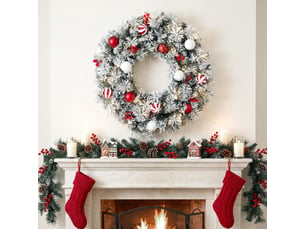 Couronne de noël lumineuse 60 cm enneigée floquée avec 50 led, 15 boules décoratives, 140 branches, 8 modes, vert