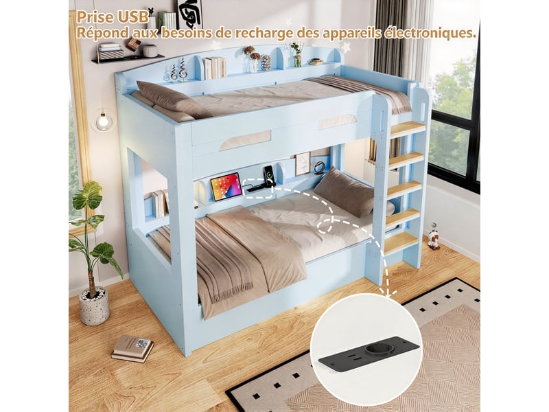  Lit superposé 2 couchages 90 x 200 cm avec port usb et étagères hautes et basses, bois et mdf, bleu  - Conforama E