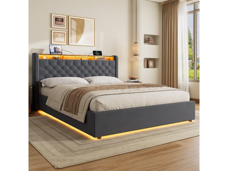  Tcqpz lit coffre 160x200 cm gris avec tête de lit rangement  - Conforama D