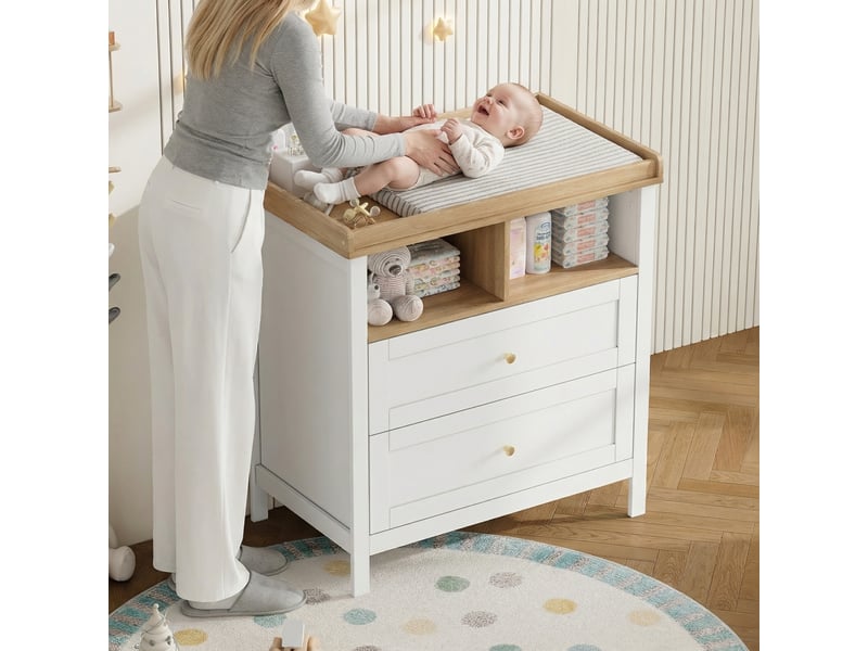  Table à langer avec commode, plateau amovible, tiroirs et niches, 82 x 50 x 90 cm, mdf blanc et naturel  - Conforama B