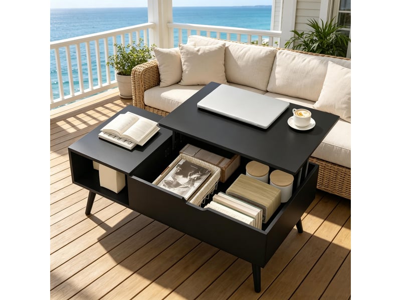  Table basse avec plateau relevable, table de salon multifonction en bois noir, 100x50 cm, grand espace de rangement caché  - Conforama B
