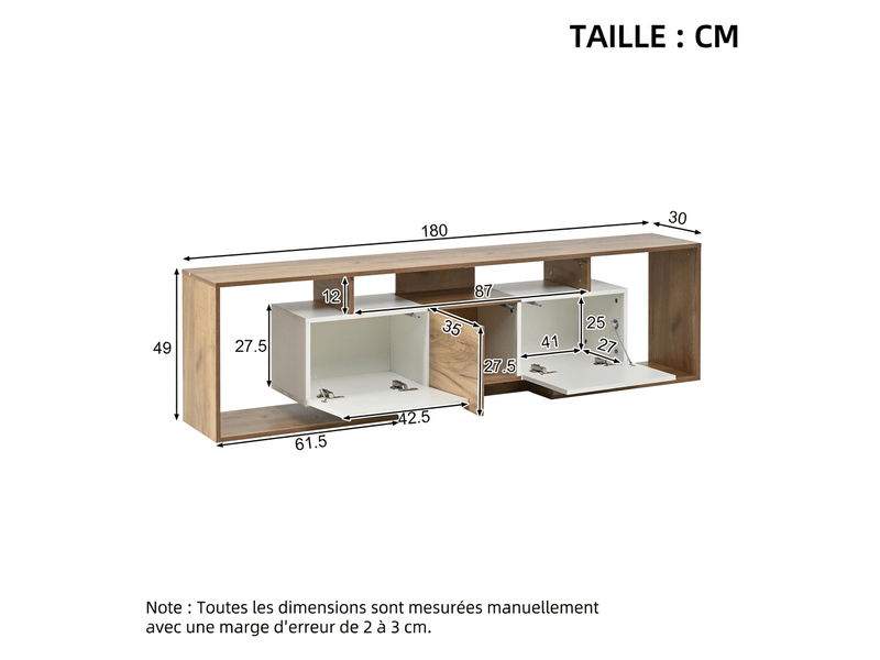  Meuble tv 180 cm bois et blanc avec 3 portes, meuble tv pour 85 pouces, profondeur 30 cm  - Conforama C