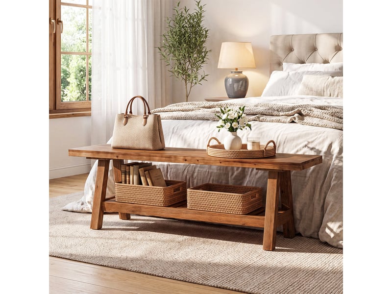  Banc en bois massif 140 cm avec étagère, banc d'entrée style maison de campagne pour 2 à 3 personnes  - Conforama E