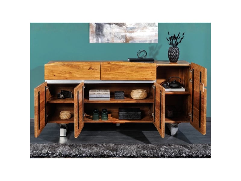 Buffet arkaya 170 cm en bois massif d'acacia – 4 portes, 2 tiroirs et piètement métal - Conforama D