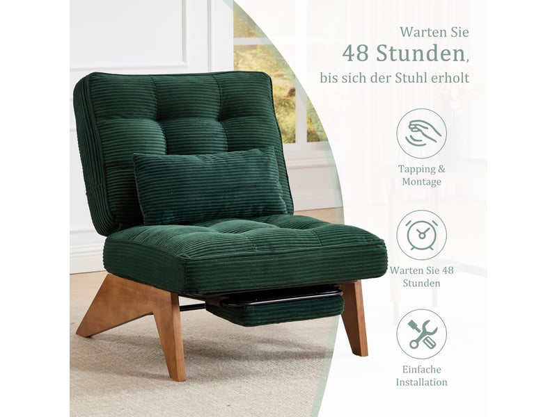  Fauteuil de salon 127x73x90cm – pas d'accoudoirs - avec repose-pieds rétractable, dossier inclinable et coussin lombaire – velours côtelé - vert  - Conforama E