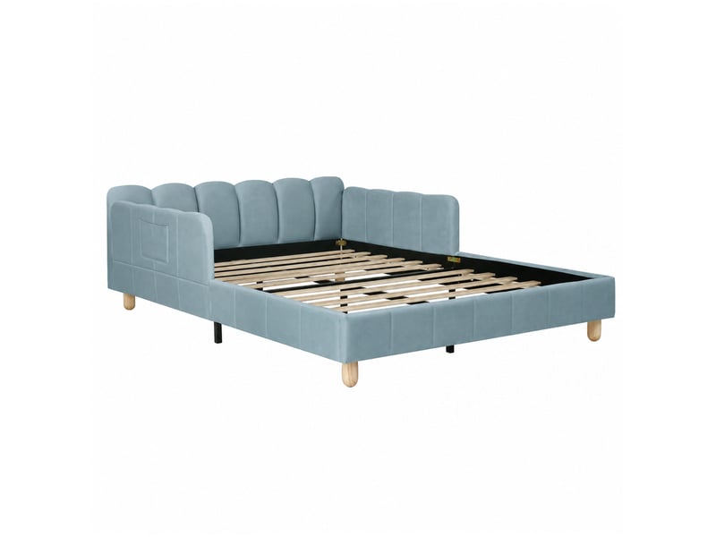  Lit enfant 140 x 200 cm avec sommier à lattes inclus, velours bleu et tête de lit rembourrée  - Conforama A