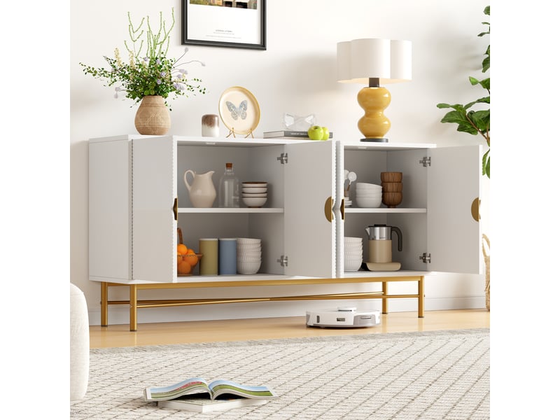 Buffet 160x40x82 cm avec 4 portes en relief texturé, meuble de rangement blanc avec pieds métal doré, design moderne en mdf - blanc - Conforama C