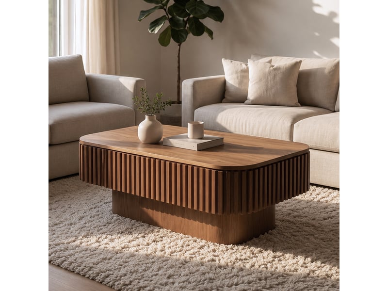  Table basse rectangulaire avec rangement dissimulé - lpospi - plateau amovible nervuré, bois et mdf - noyer  - Conforama C