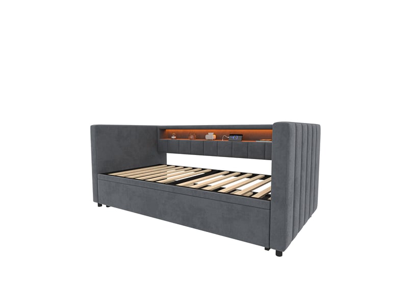 Canapé-lit convertible velours gris 90x190 cm avec led usb-c rangement multifonctionnel - Conforama E