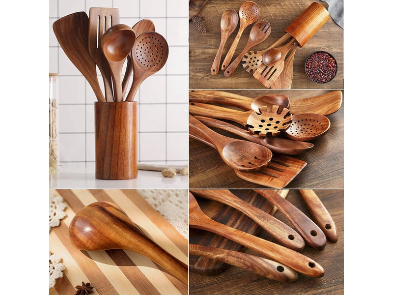 Set de 7 ustensiles de cuisine,meulva,30x13x6 cm,bois de teck,brun - Conforama C